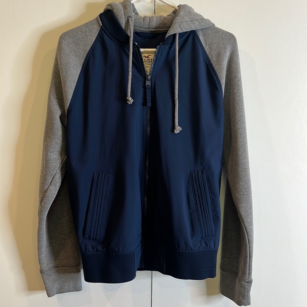 Hollister Varsity Zip Up Hooded Jacket Size Small Blue Gray
